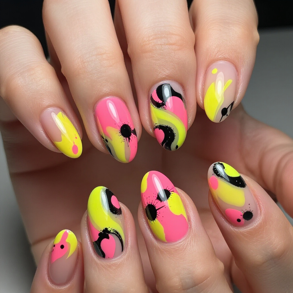 Earthy Tones and Organic Flow in Abstract Almond Manicures - almond abstract nails