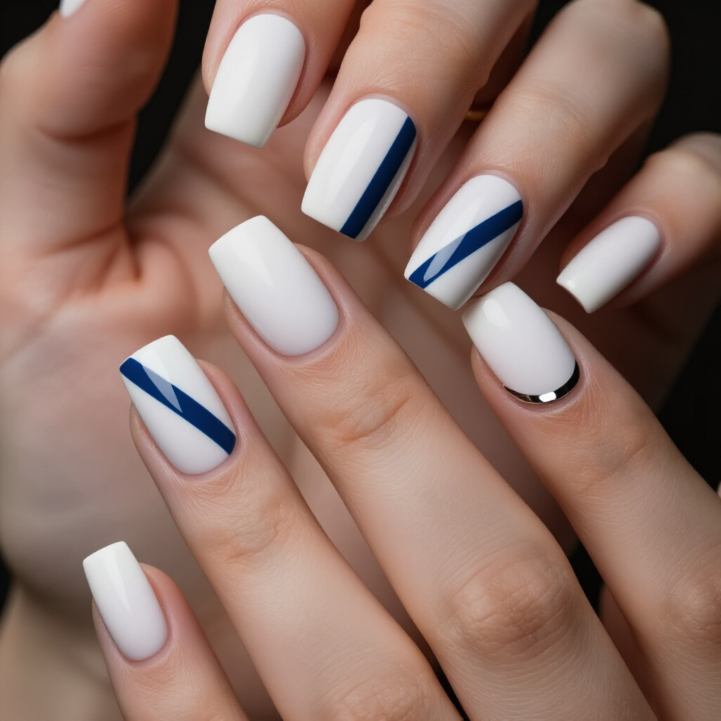 Glitter and Metallic Accents on White Short Abstract Nails - white short abstract nails