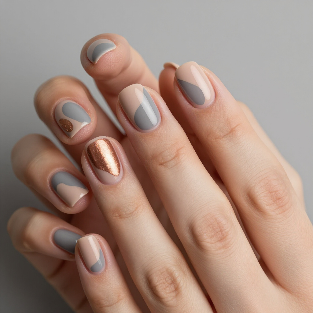 Textured Elements in Nude Short Abstract Nail Art - nude short abstract nails