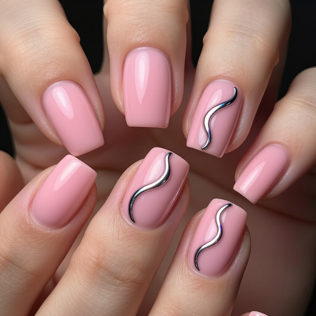 Baby Pink Short Simple Abstract Nails with Marble Effects - pink short simple abstract nails