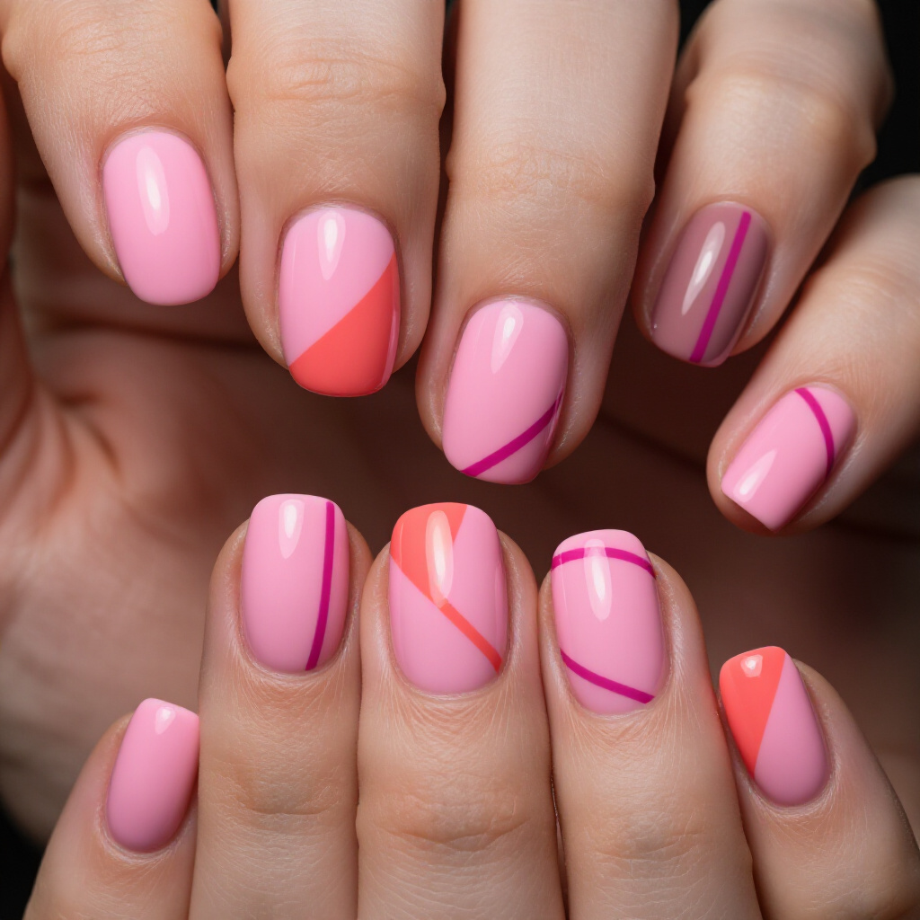 Vibrant Pink Short Cute Abstract Nails Featuring Geometric Shapes - pink short cute abstract nails