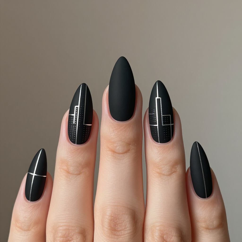 Elegant Black Almond Abstract Nails: Minimalist Marvels - black almond abstract nails