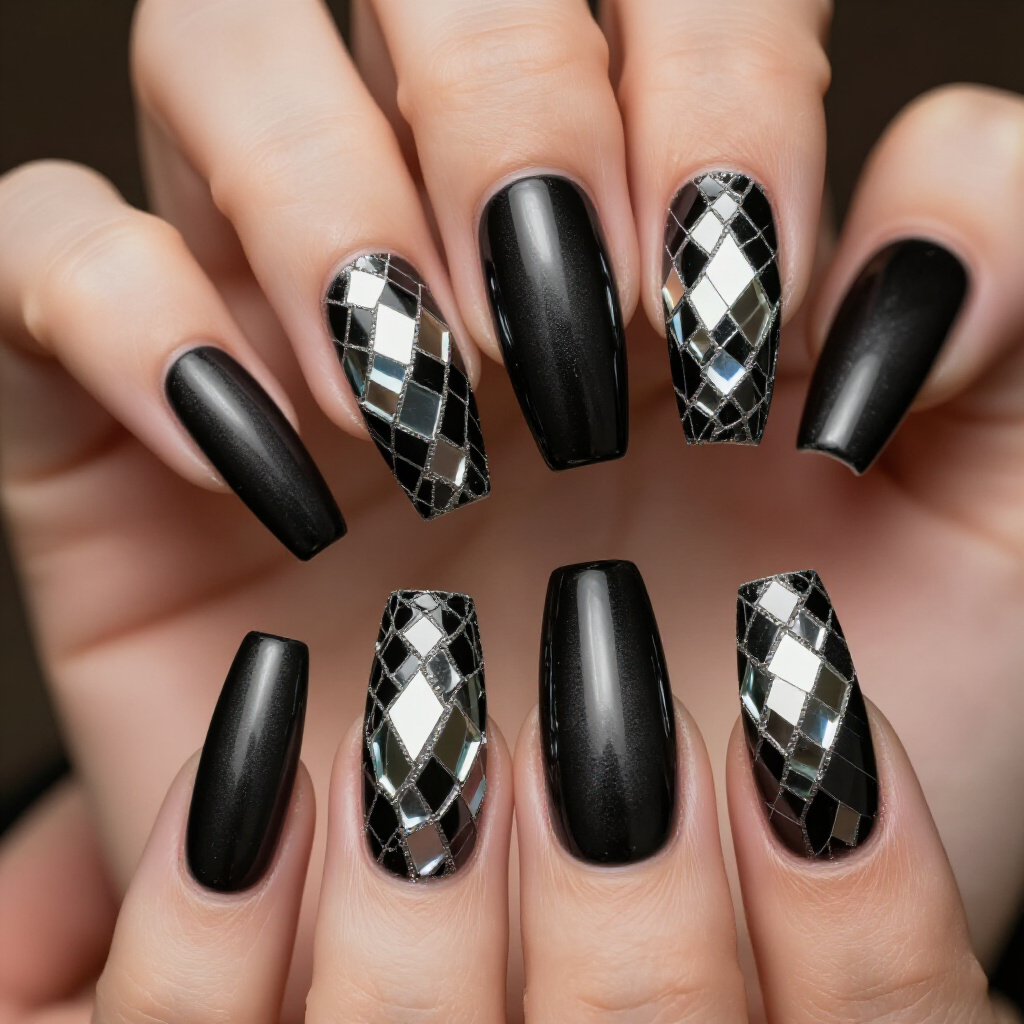 Swirling Abstract Black Almond Nail Art Inspiration - black almond abstract nails