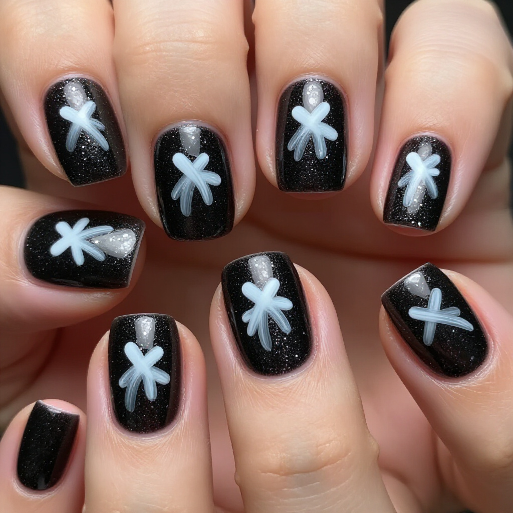 Metallic Accents on Black Almond Abstract Nail Ideas - black almond abstract nails