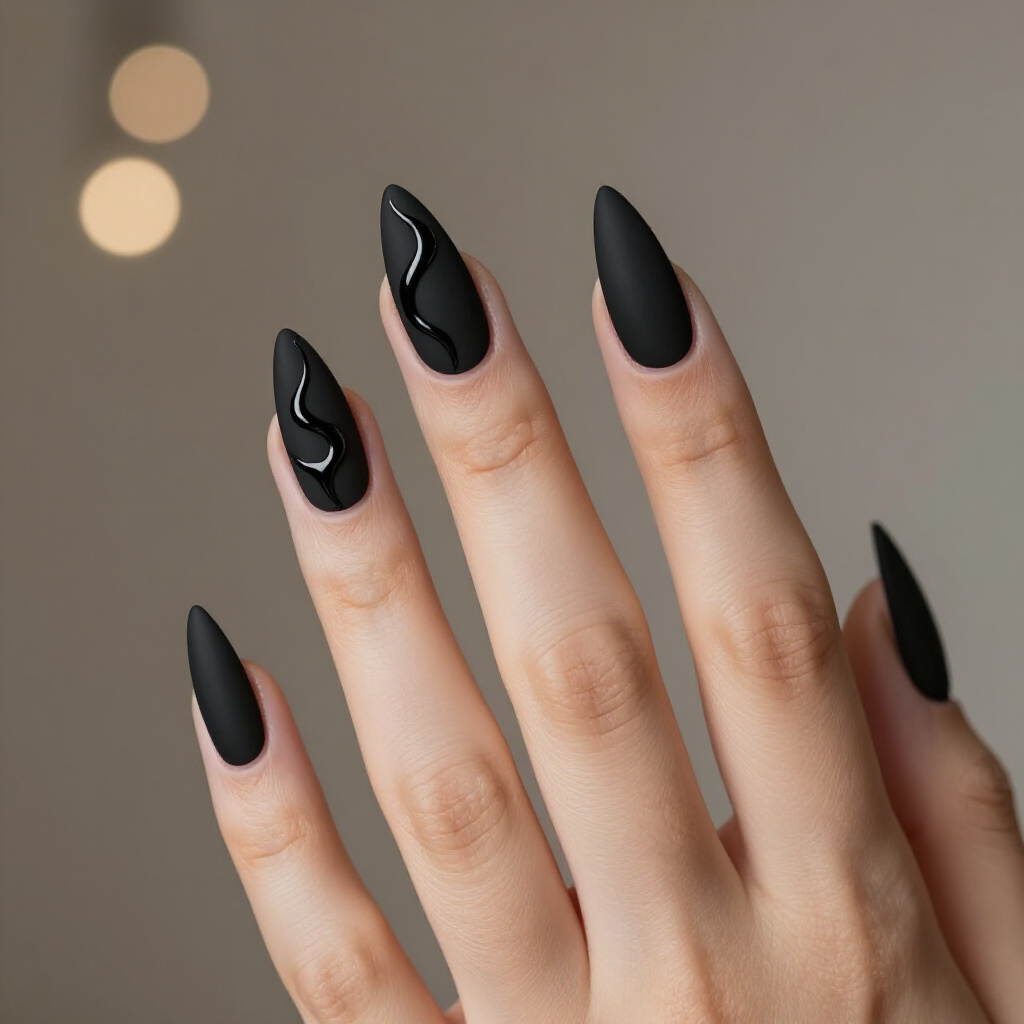 Matte Finish Black Almond Abstract Nails for Sophistication - black almond abstract nails