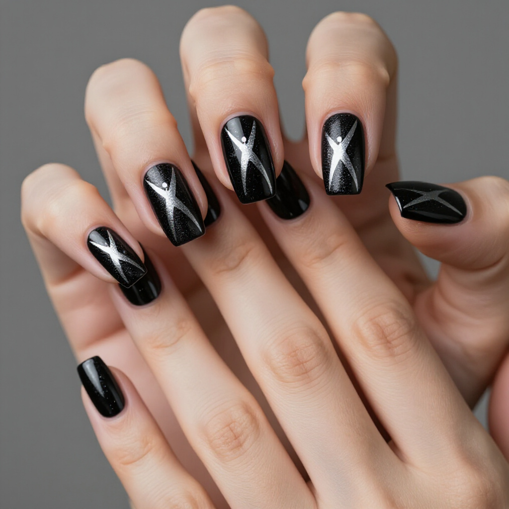Gradient & Ombre Black Almond Abstract Nail Art - black almond abstract nails