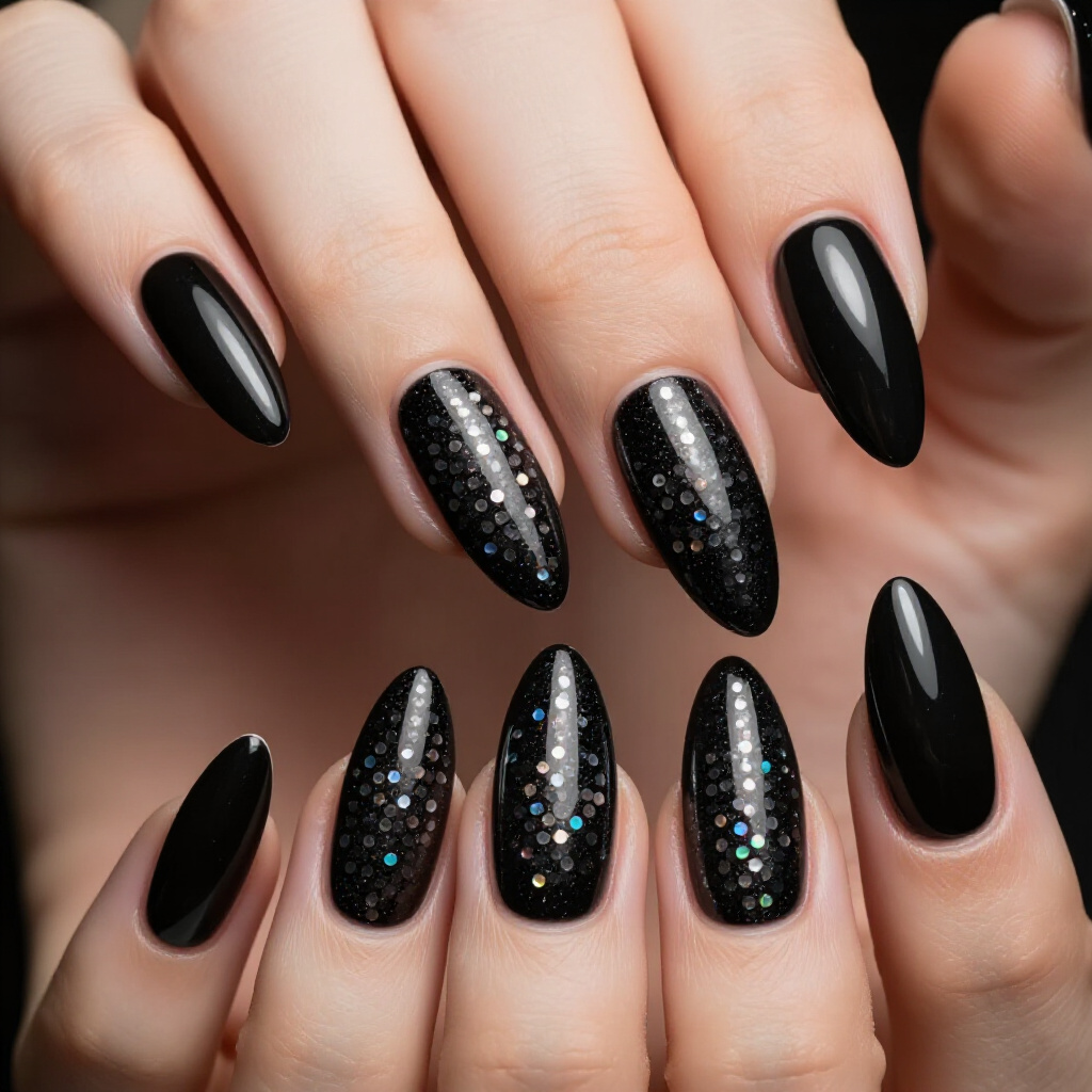 Glow-in-the-Dark Accents for Black Almond Abstract Nails - black almond abstract nails