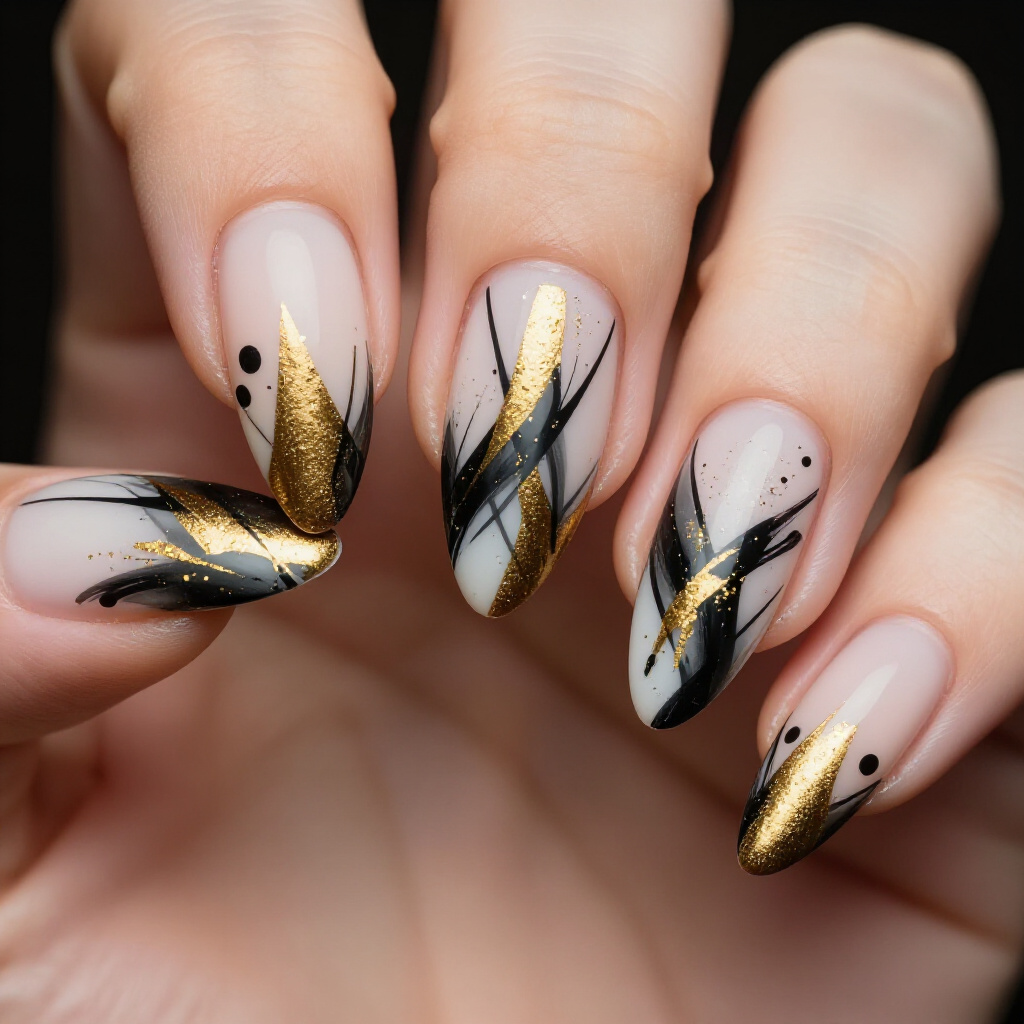 Bold Geometric White Almond Abstract Nail Art - white almond abstract nails