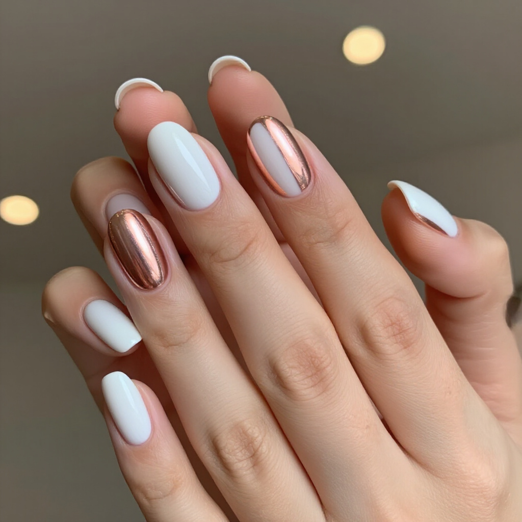Gold Leaf Accents on White Almond Abstract Nail Designs - white almond abstract nails