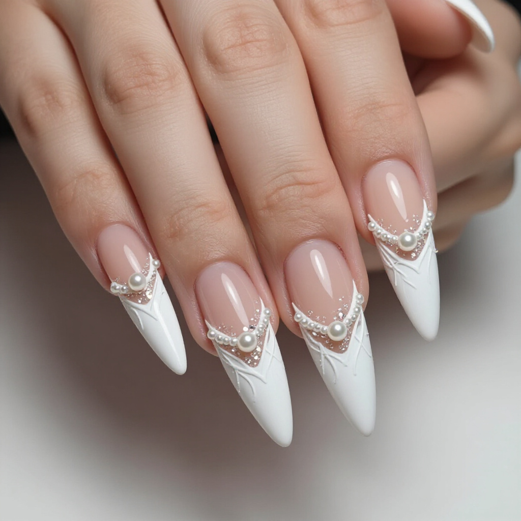 Floral Touches within White Almond Abstract Nail Art - white almond abstract nails