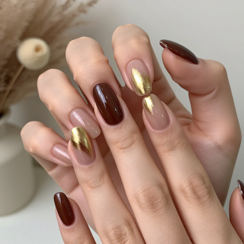 Metallic Accents: Glamorous Nude Almond Abstract Nail Styles - nude almond abstract nails