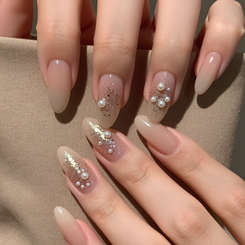 Ombre & Gradients: Soft Transitions on Nude Almond Abstract Nails - nude almond abstract nails