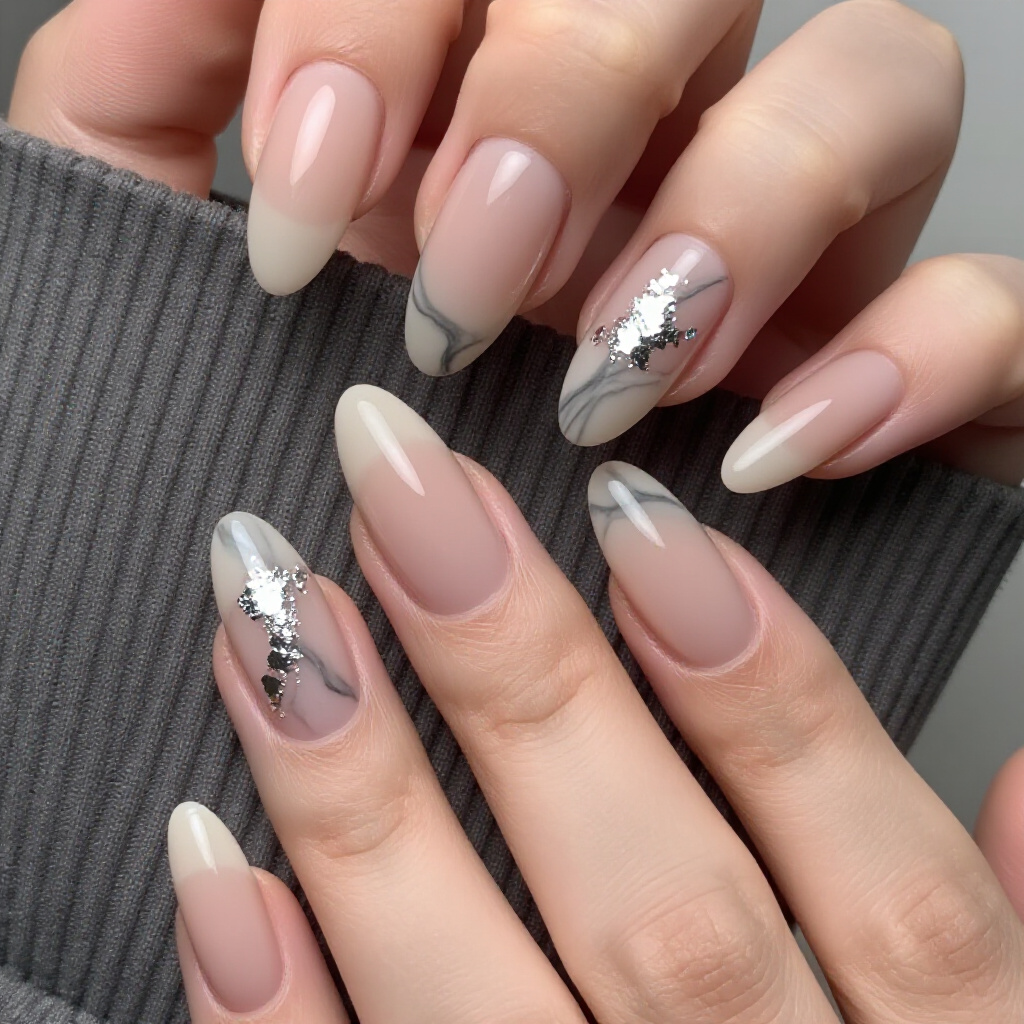 Brushstroke Beauty: Artistic Nude Almond Abstract Nail Creations - nude almond abstract nails