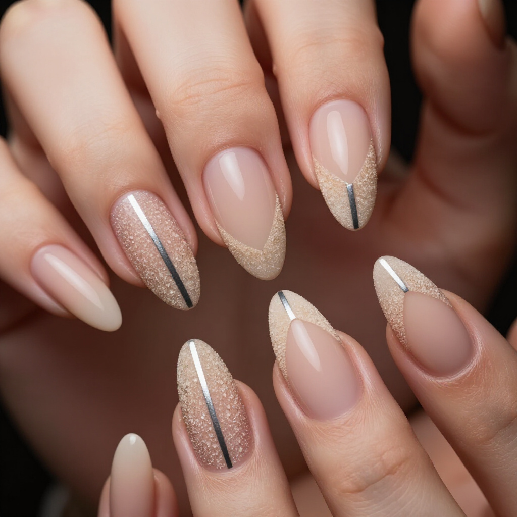 Negative Space Chic: Modern Nude Almond Abstract Nail Ideas - nude almond abstract nails