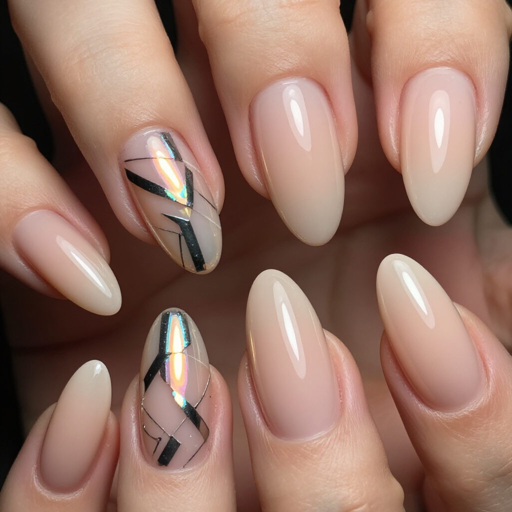 Mixed Media Magic: Textured Nude Almond Abstract Nails - nude almond abstract nails