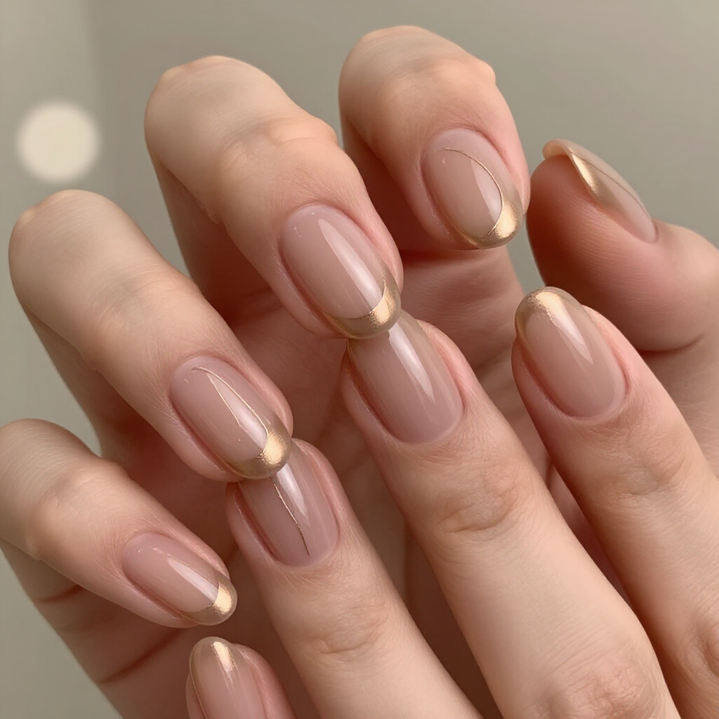 Metallic Accents on Nude Short Simple Abstract Nails: A Touch of Glam - nude short simple abstract nails