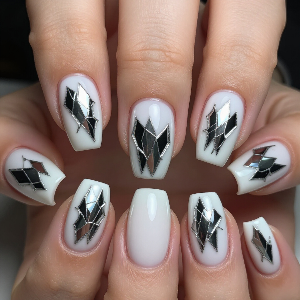Bold Chrome Lines on White Short Nails: A Statement Design - white short chrome nails