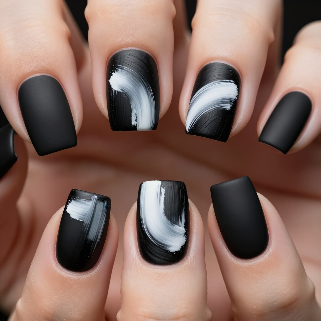 Edgy Black Almond Chrome Nails with Geometric Patterns - black almond chrome nails