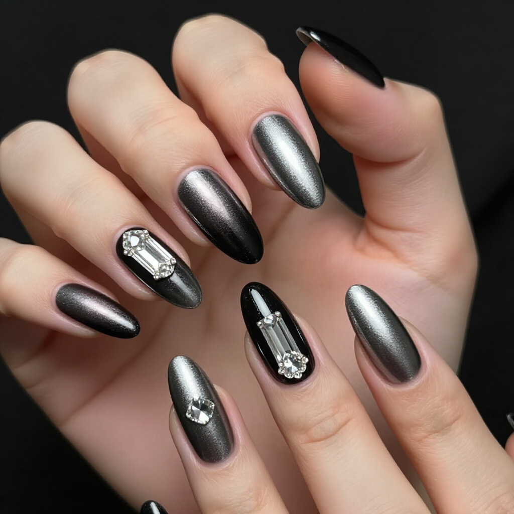 Luxurious Black Almond Chrome Nails with Rhinestone Embellishments - black almond chrome nails