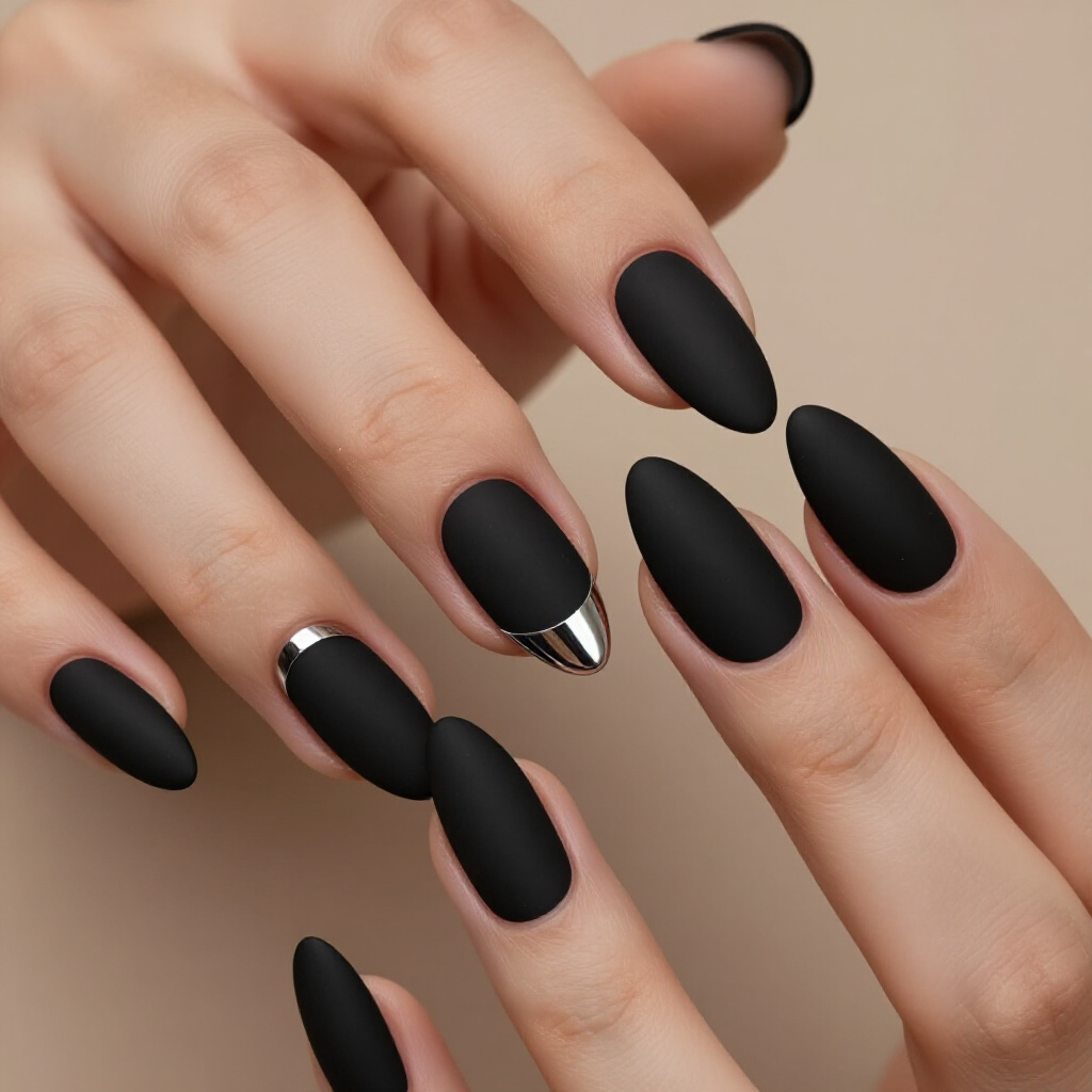 Bold and Edgy Black Almond Chrome Nails with Full Metallic Finish - black almond chrome nails
