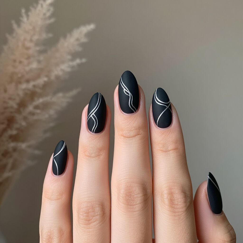 French Tip Black Almond Chrome Nails for a Modern Twist - black almond chrome nails