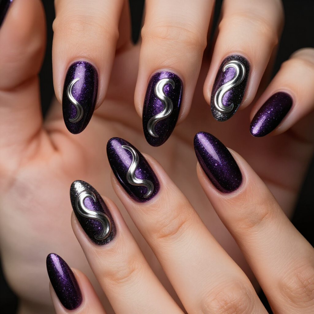 Glittery Black Almond Chrome Nails for Maximum Sparkle - black almond chrome nails