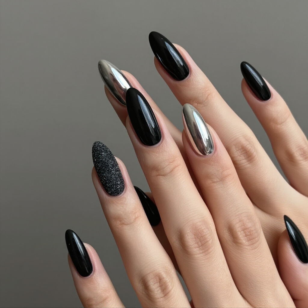 Matte Black Almond Chrome Nails with Subtle Shine Accents - black almond chrome nails