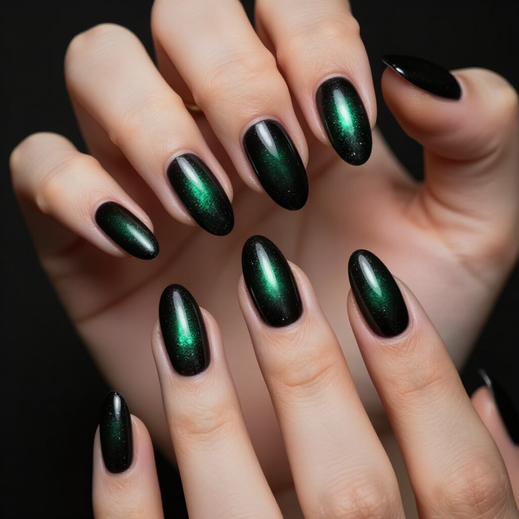 Geometric Black Almond Chrome Nails for a Futuristic Vibe - black almond chrome nails