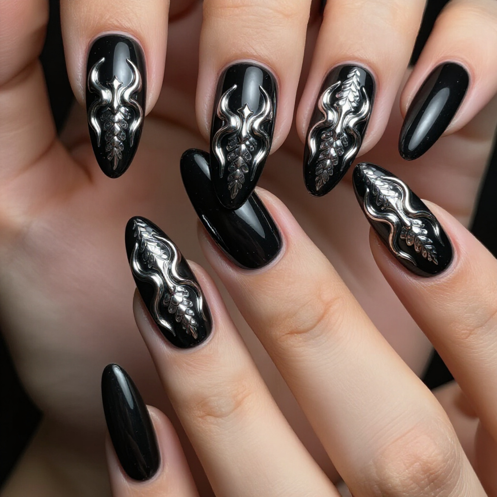 Jeweled Black Almond Chrome Nails: Opulent and Glamorous - black almond chrome nails