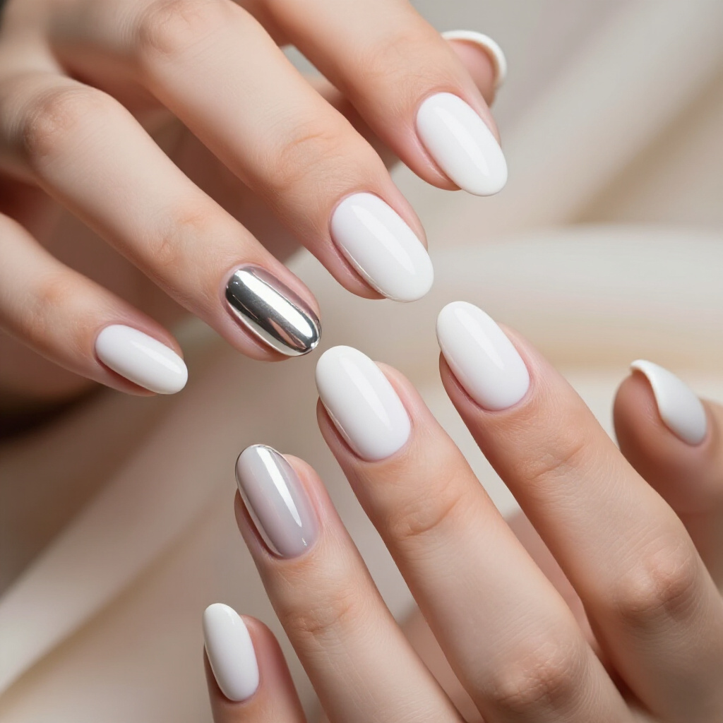Soft Milky White Almond Chrome with Subtle Sheen - white almond chrome nails