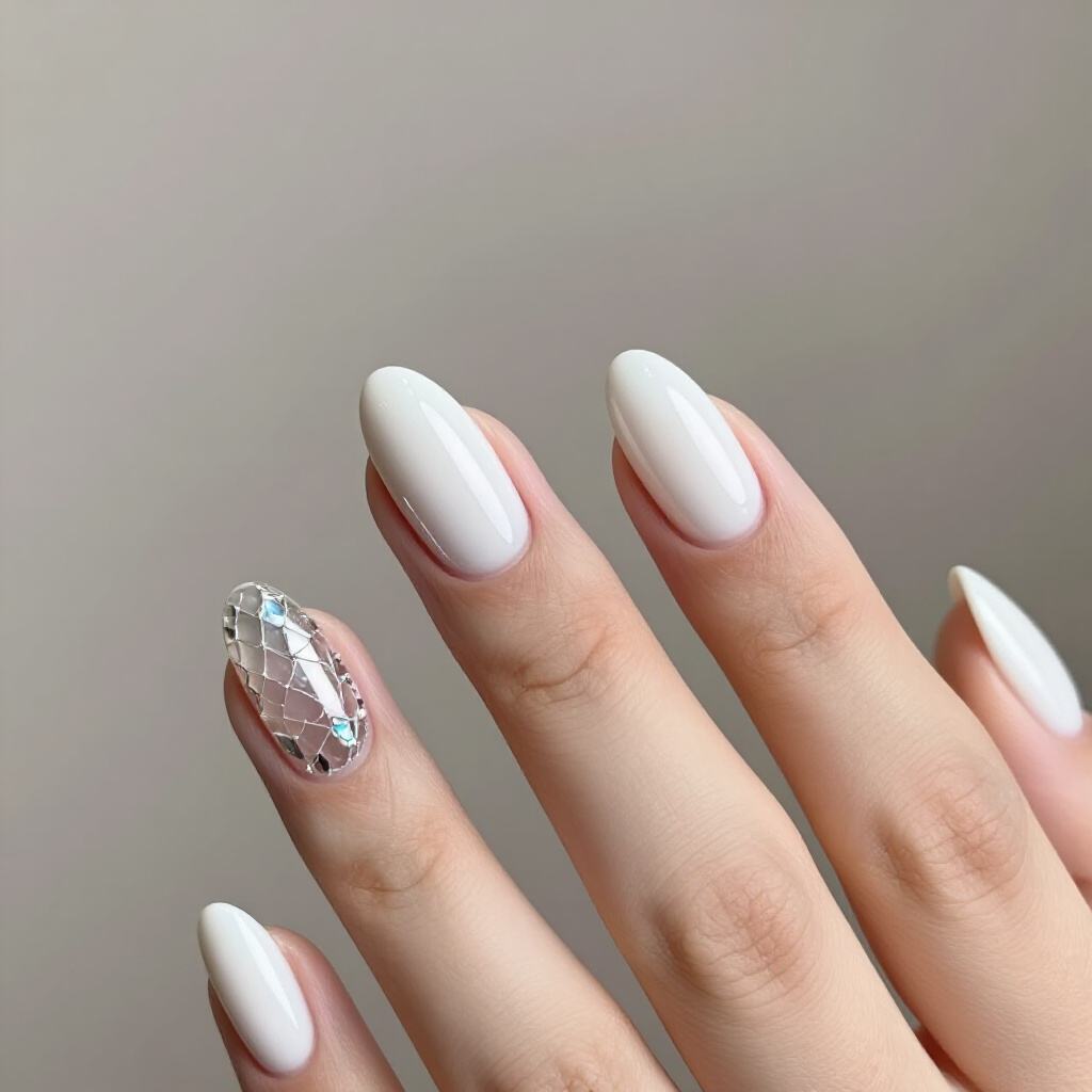 Minimalist White Almond Chrome with Single Nail Accent - white almond chrome nails