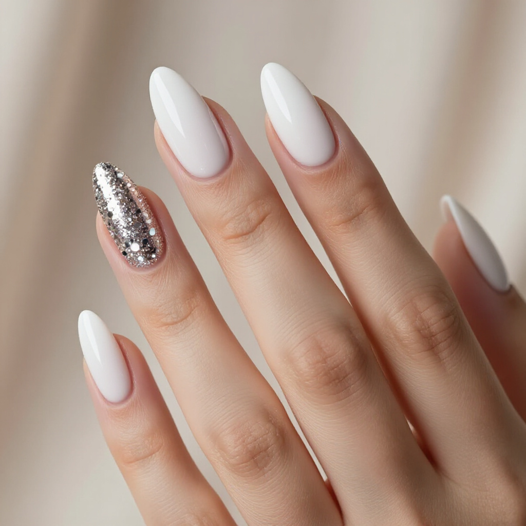 Crystal Embellished White Almond Chrome for Glamour - white almond chrome nails
