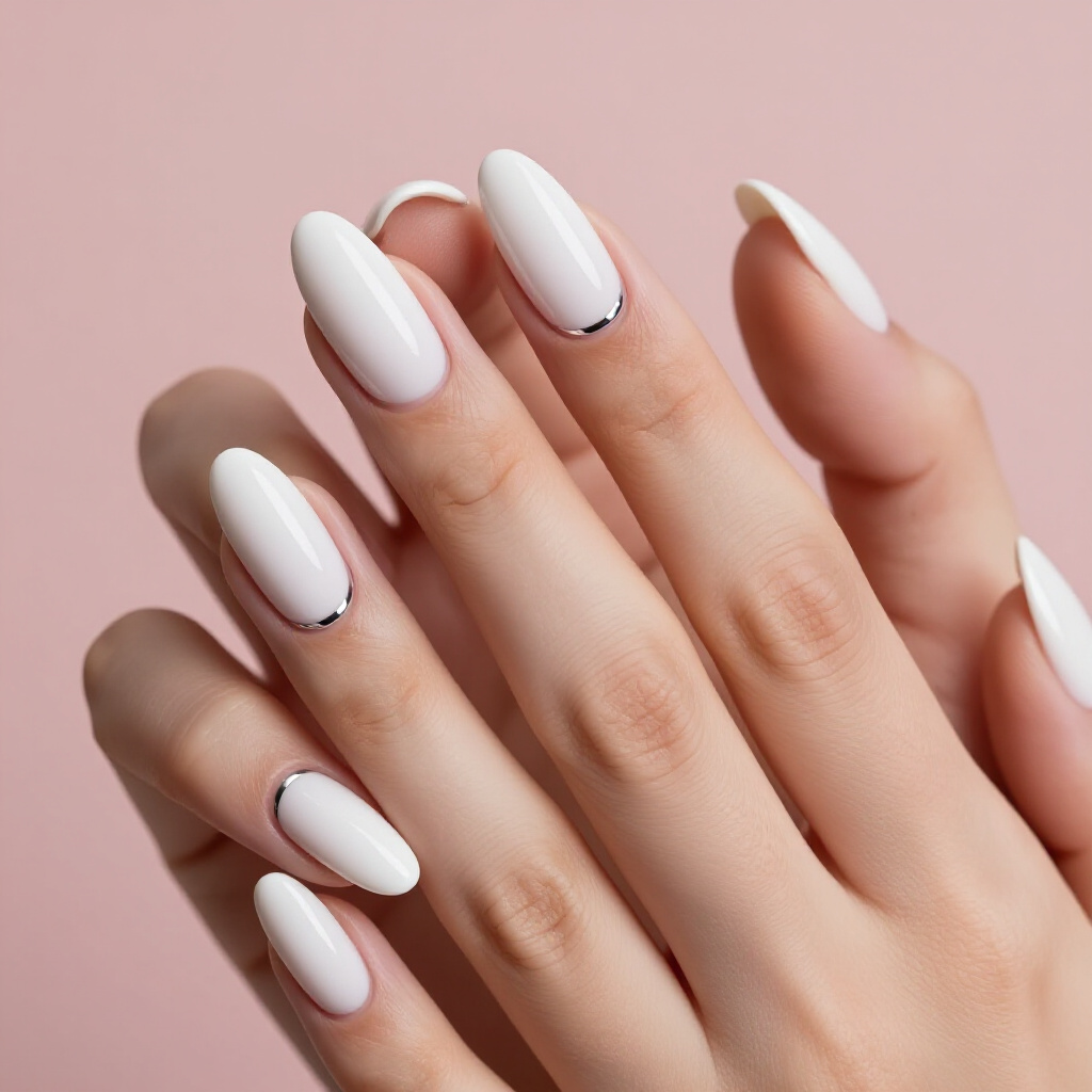 Abstract Swirl White Almond Chrome with Metallic Accents - white almond chrome nails