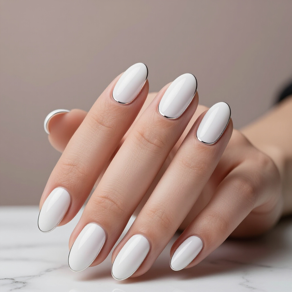 Bold Geometric White Almond Chrome with Sharp Lines - white almond chrome nails