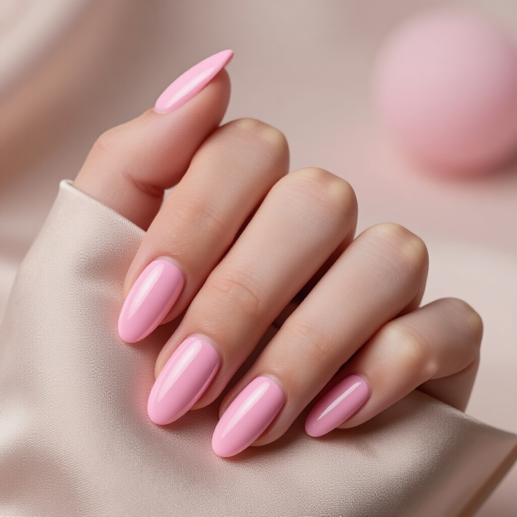 Milky Pink Almond Nails with a Full Chrome Overlay - pink almond classy chrome nails