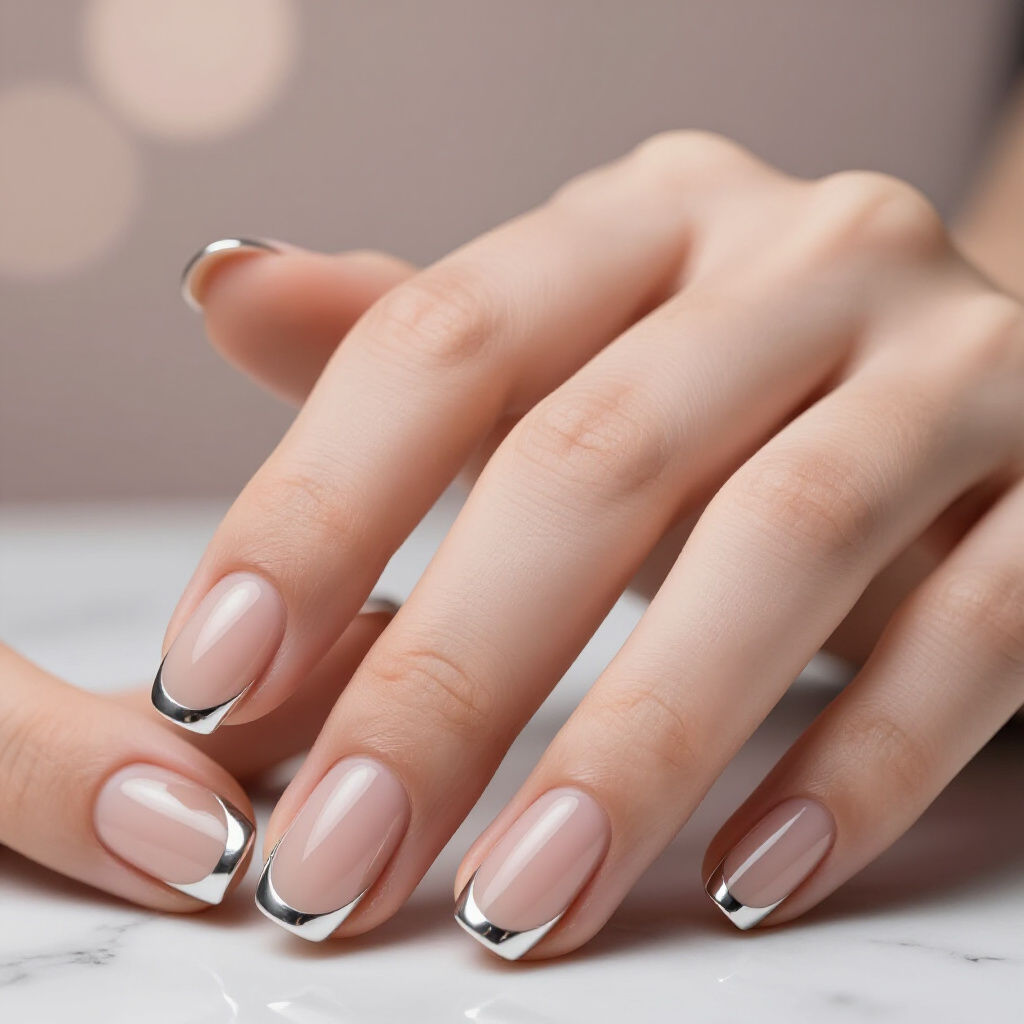 Subtle Milky Nude Base with a Delicate Pink Chrome Overlay - nude short simple chrome nails
