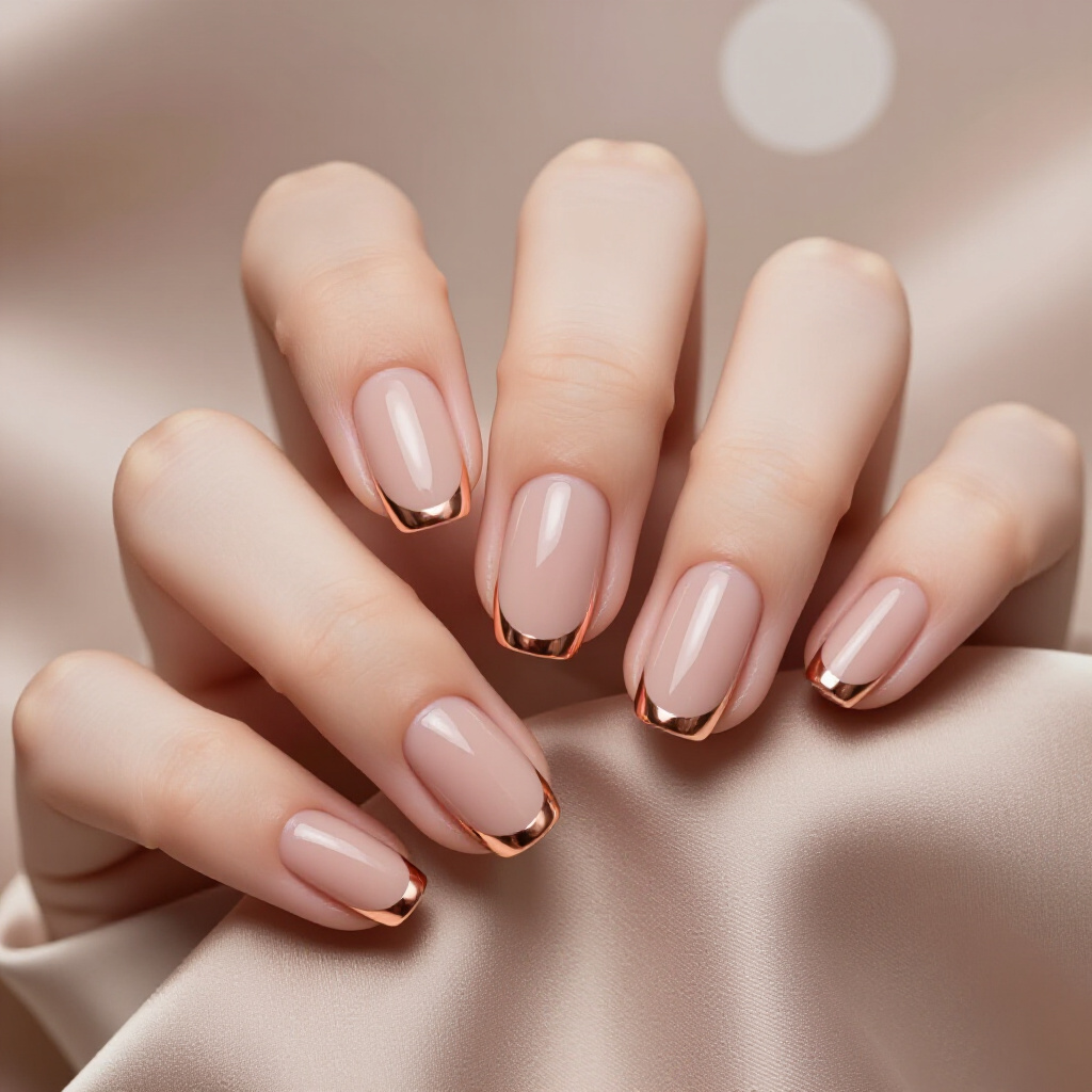Peachy Nude with a Soft Rose Gold Chrome Sheen - nude short simple chrome nails