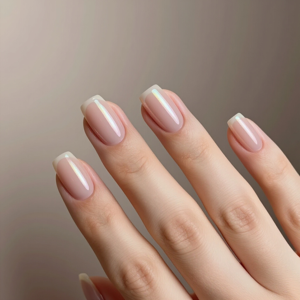 Light Taupe Nude with a Subtle Silver Chrome Accent - nude short simple chrome nails