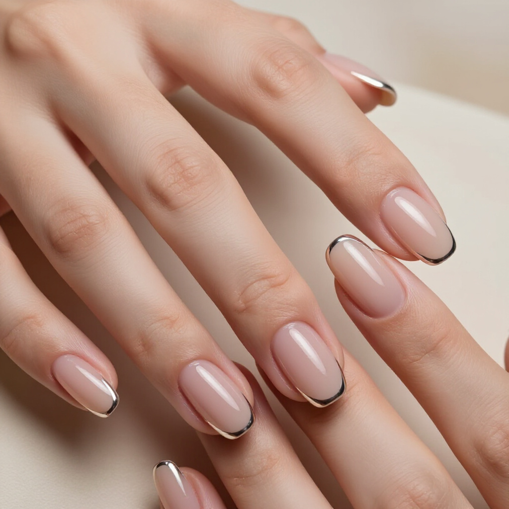 Pale Pink Nude with a Shimmering Opal Chrome Effect - nude short simple chrome nails