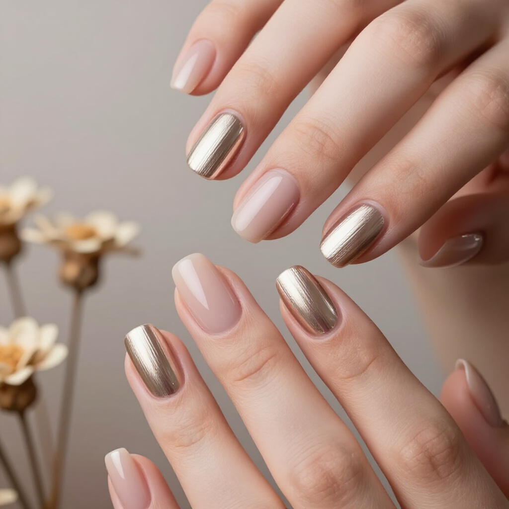 Muted Mauve Nude with a Subtle Metallic Chrome Sheen - nude short simple chrome nails