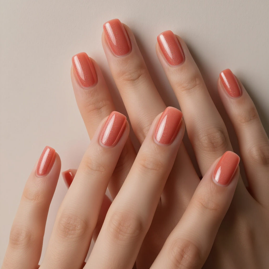 Bisque Nude with a Fine Holographic Chrome Dust - nude short simple chrome nails