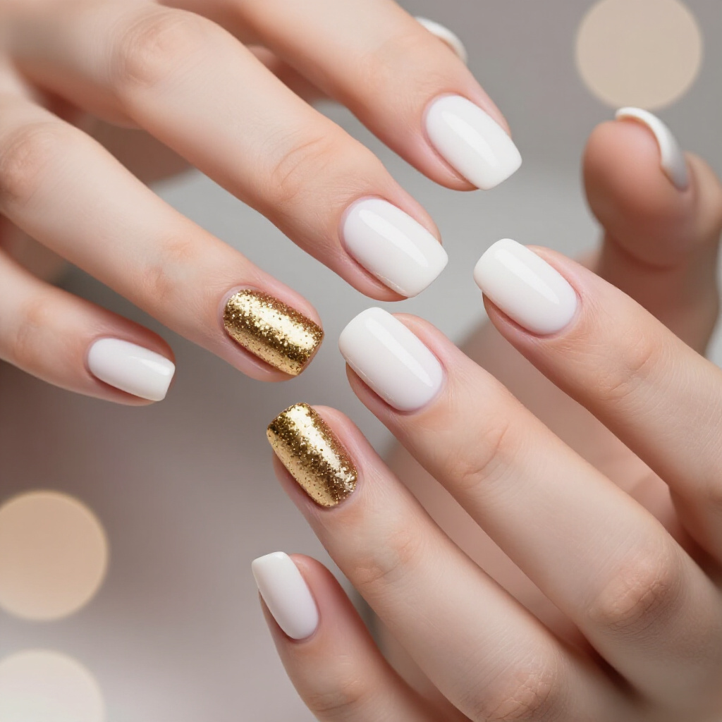 Dainty Gold Foil Flakes on White Short Velvet Nails - white short velvet nails