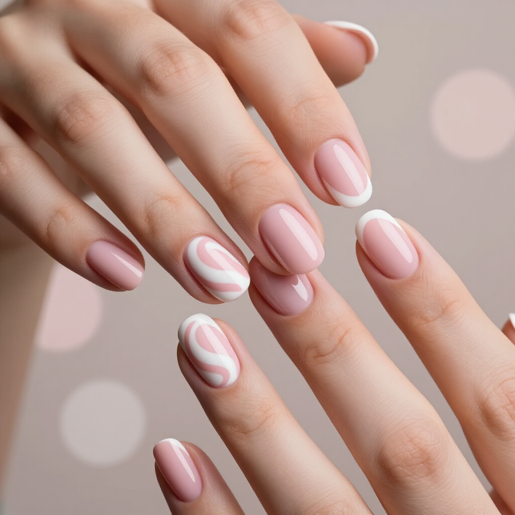 Pale Peach Pink Velvet with Minimalist White Swirl Art - pink short classy velvet nails