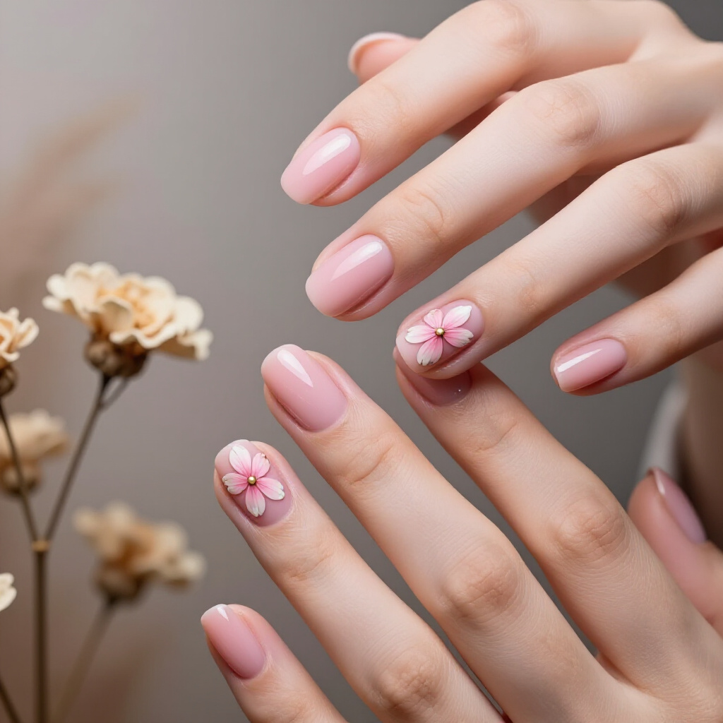 Light Coral Pink Velvet with a Delicate Crystal Embellishment - pink short classy velvet nails