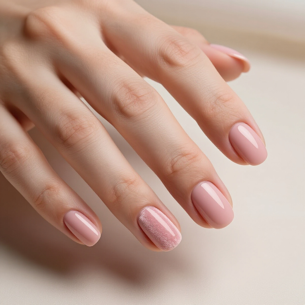 Pale Pink Velvet Nails with a Perfectly Rounded Shape - pink short simple velvet nails