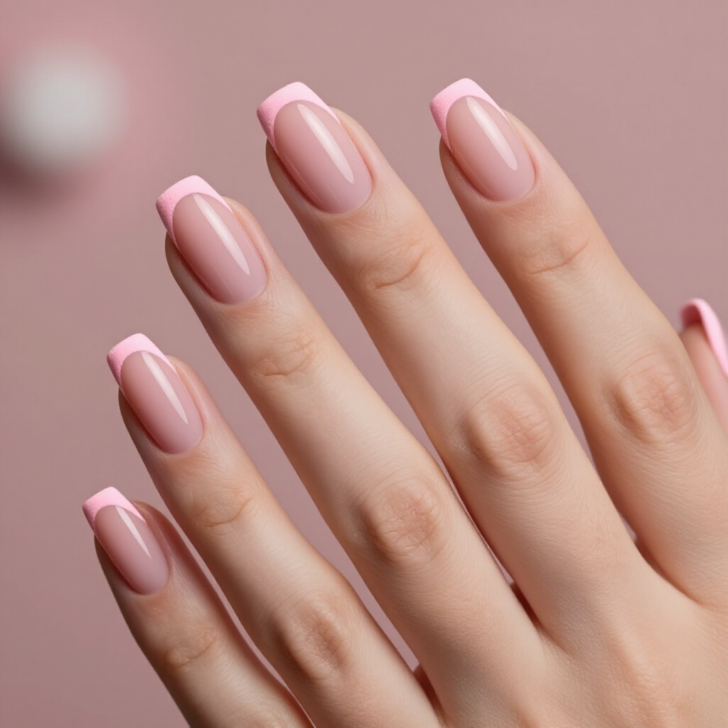 Peachy Pink Short Cute Velvet Nails with Delicate Gold Leaf Inclusions - pink short cute velvet nails