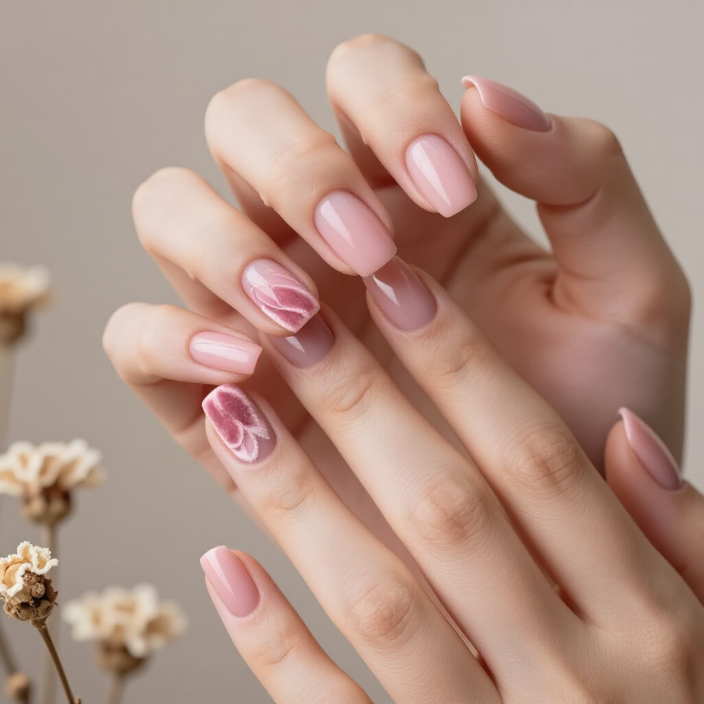 Fuchsia Pink Short Cute Velvet Nails with Silver Glitter Accents - pink short cute velvet nails