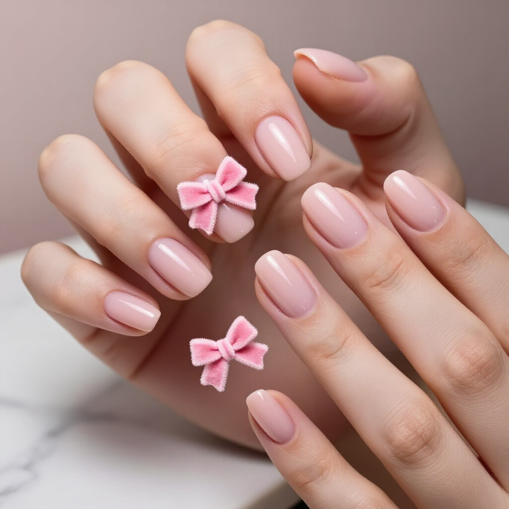 Rose Gold Pink Short Cute Velvet Nails with Micro Pearls - pink short cute velvet nails