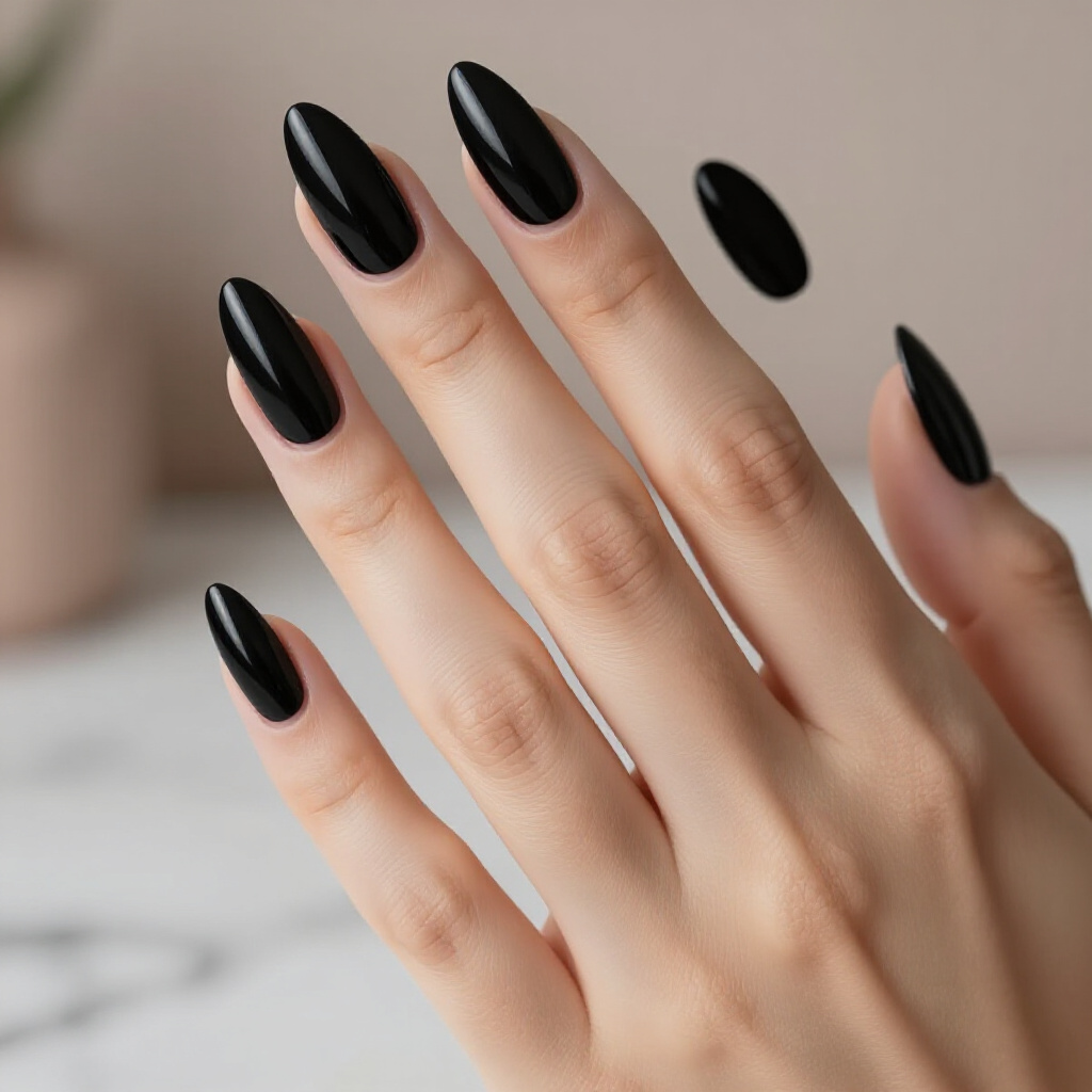 Subtle Sparkle: Black Almond Velvet with Fine Glitter Accents - black almond velvet nails