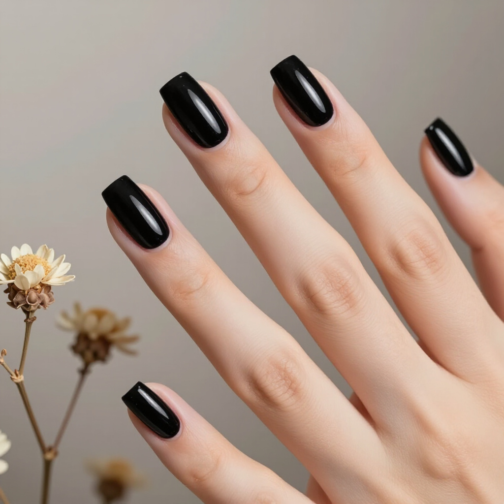 Textured Elegance: Black Almond Velvet with Raised Detailing - black almond velvet nails